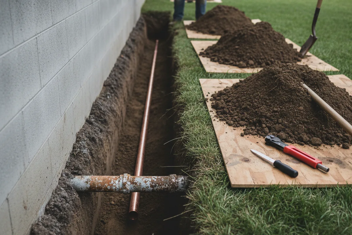 Excavated water line trench during Sewer Line Repair in Willoughby
